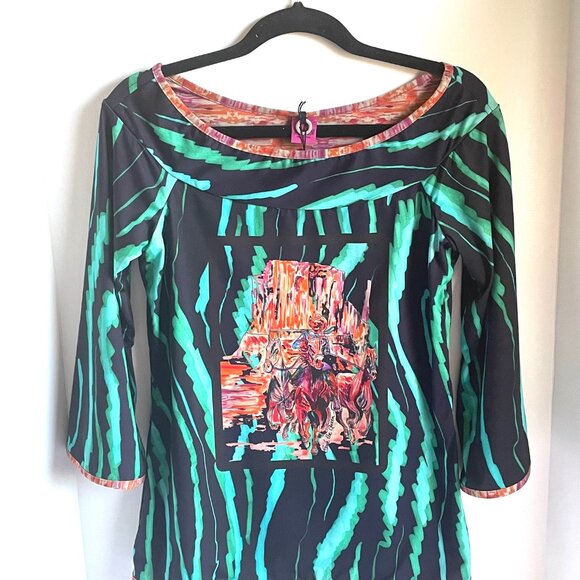Save the Queen Cowboy 80s Top Womens Large Green Black Boat Neck Stretch - Picture 7 of 9